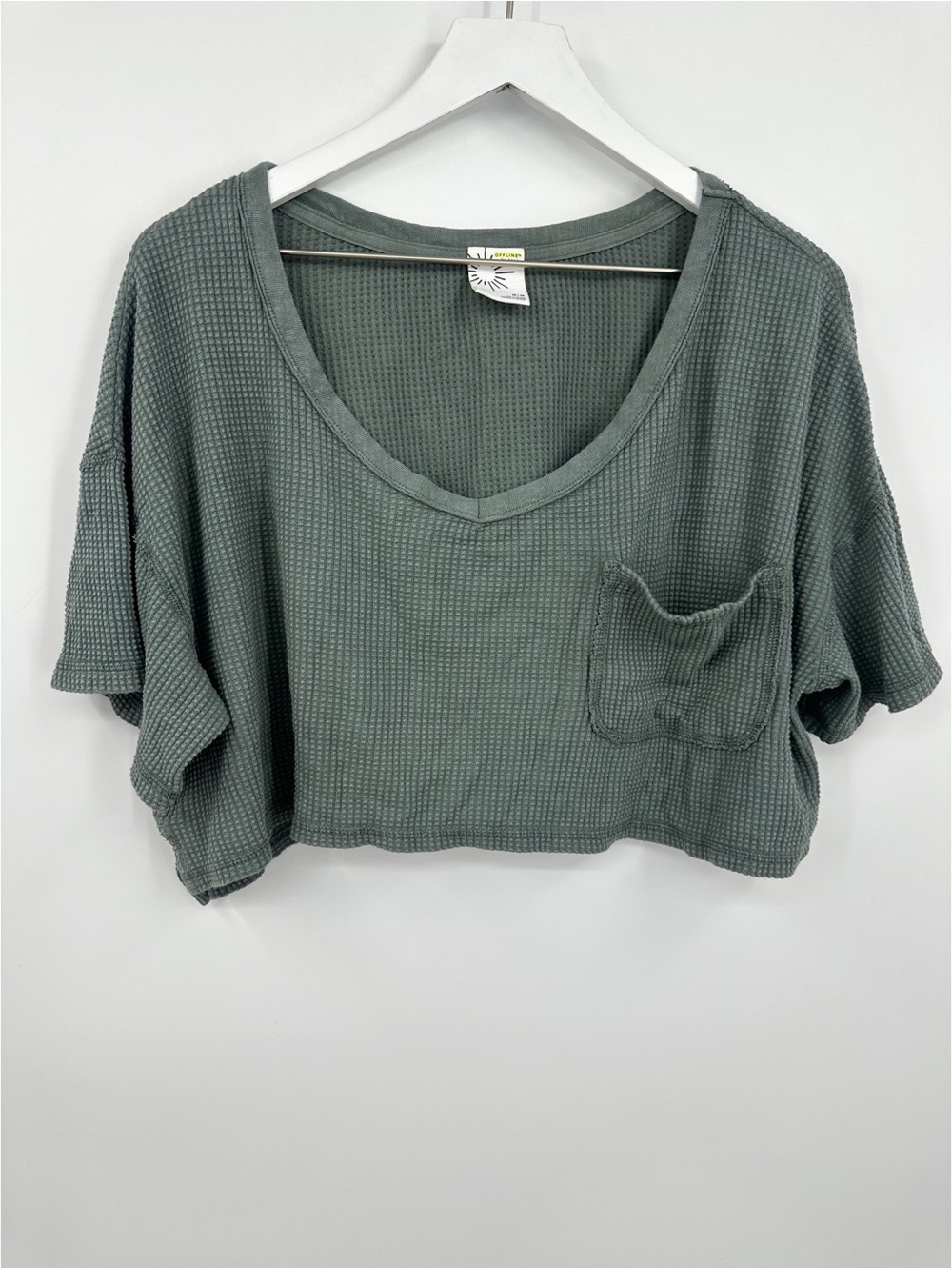 Aerie Offline Green Waffle Knit Cropped Shirt Size Medium Boho
